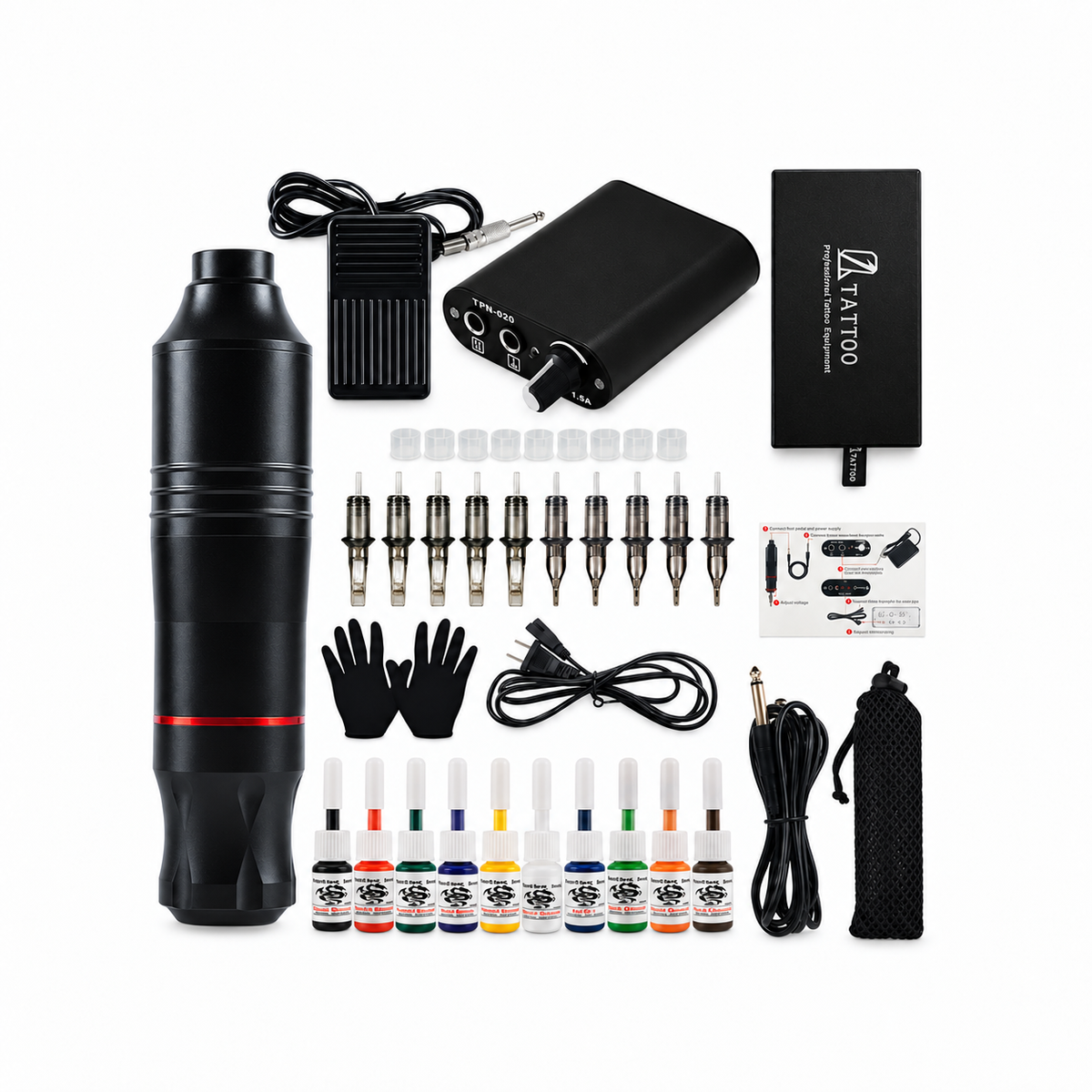 Tattoo pen starter kit and included accessories arranged on a white background