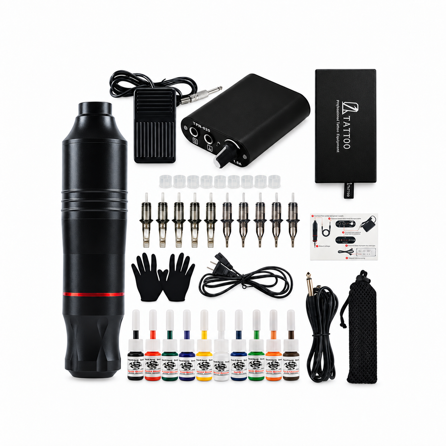 Tattoo pen starter kit and included accessories arranged on a white background