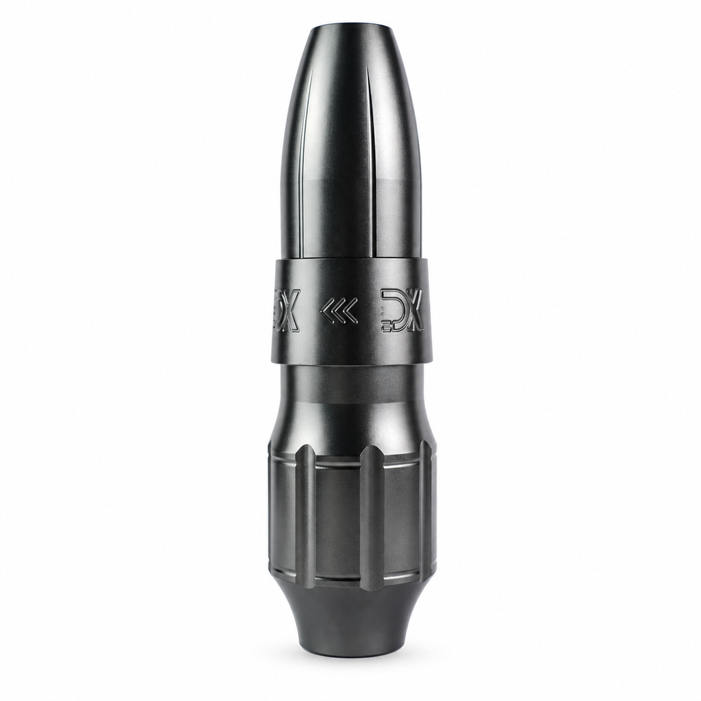 Gray DK direct drive tattoo pen with fluted grip on a white background