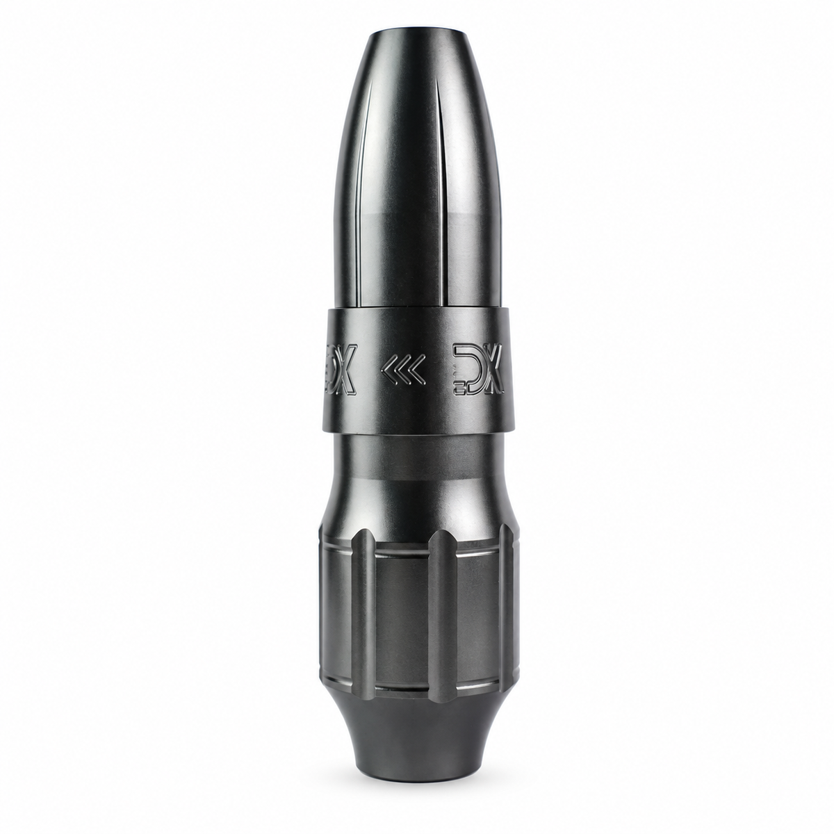 Gray DK direct drive tattoo pen with fluted grip on a white background