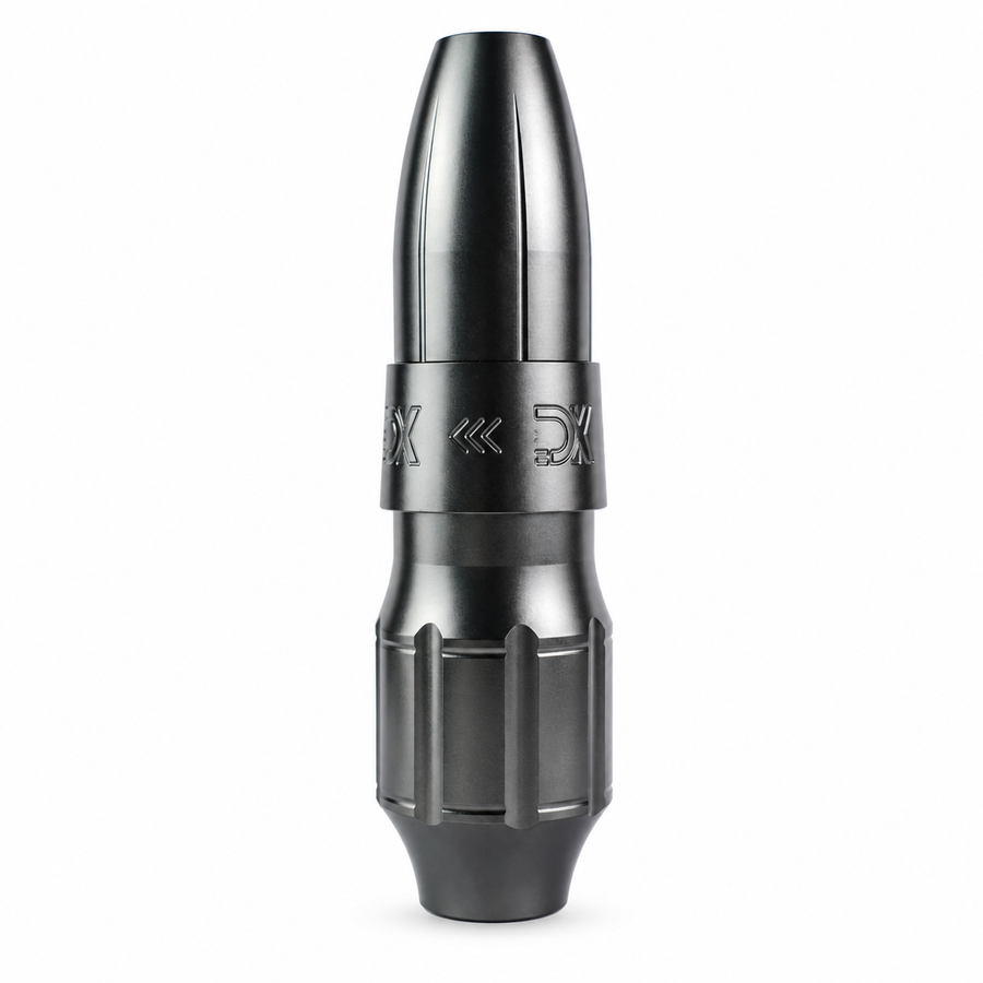 Gray DK direct drive tattoo pen with fluted grip on a white background