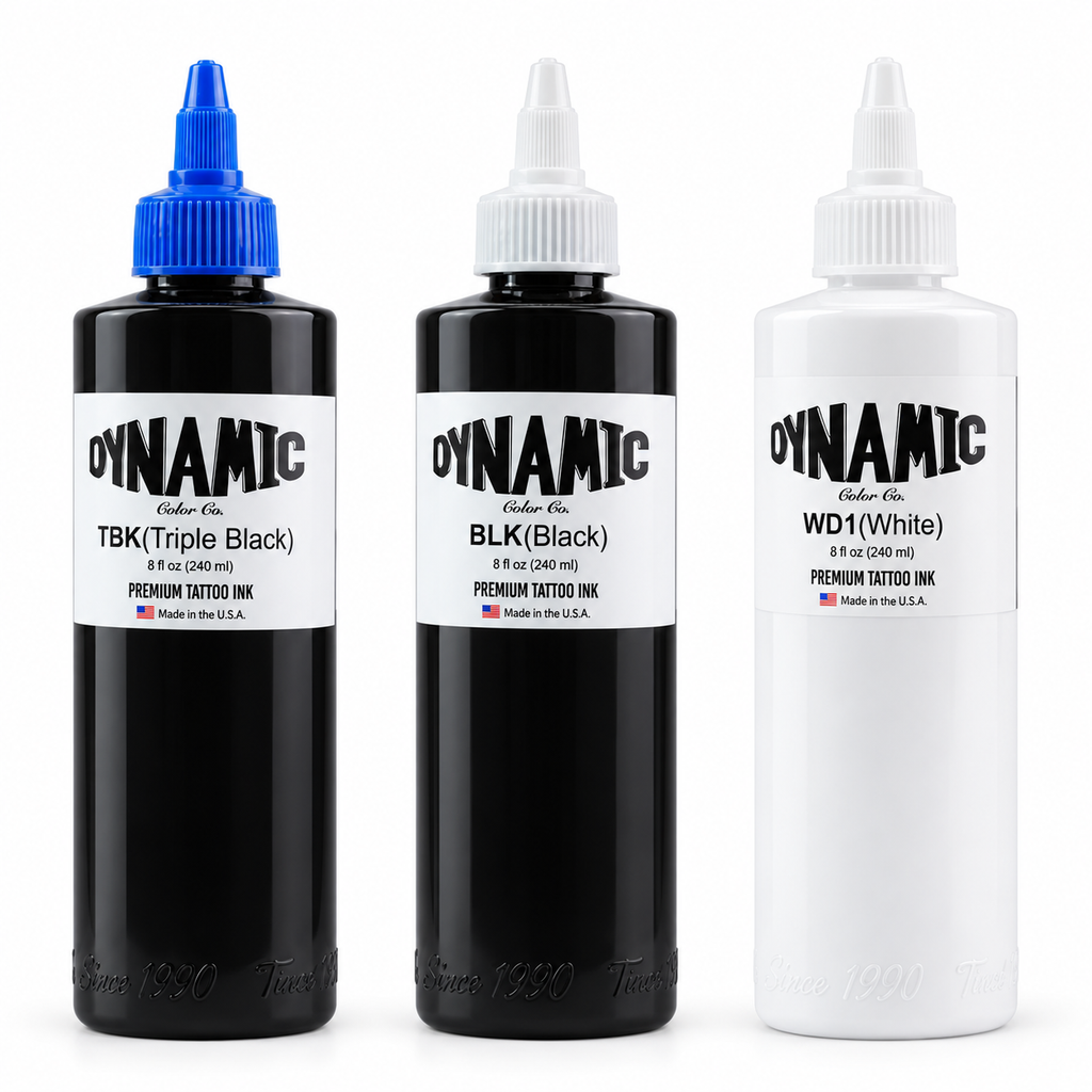 Black and white 240ml tattoo ink bottles on a white background