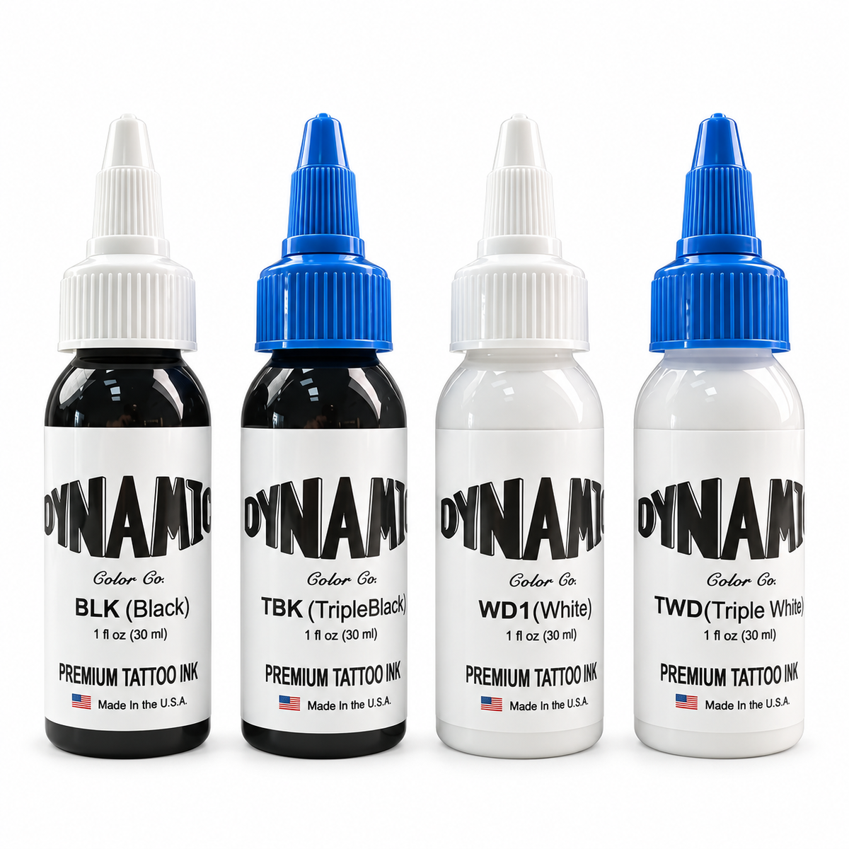 Four black and white 30ml tattoo ink bottles on a white background