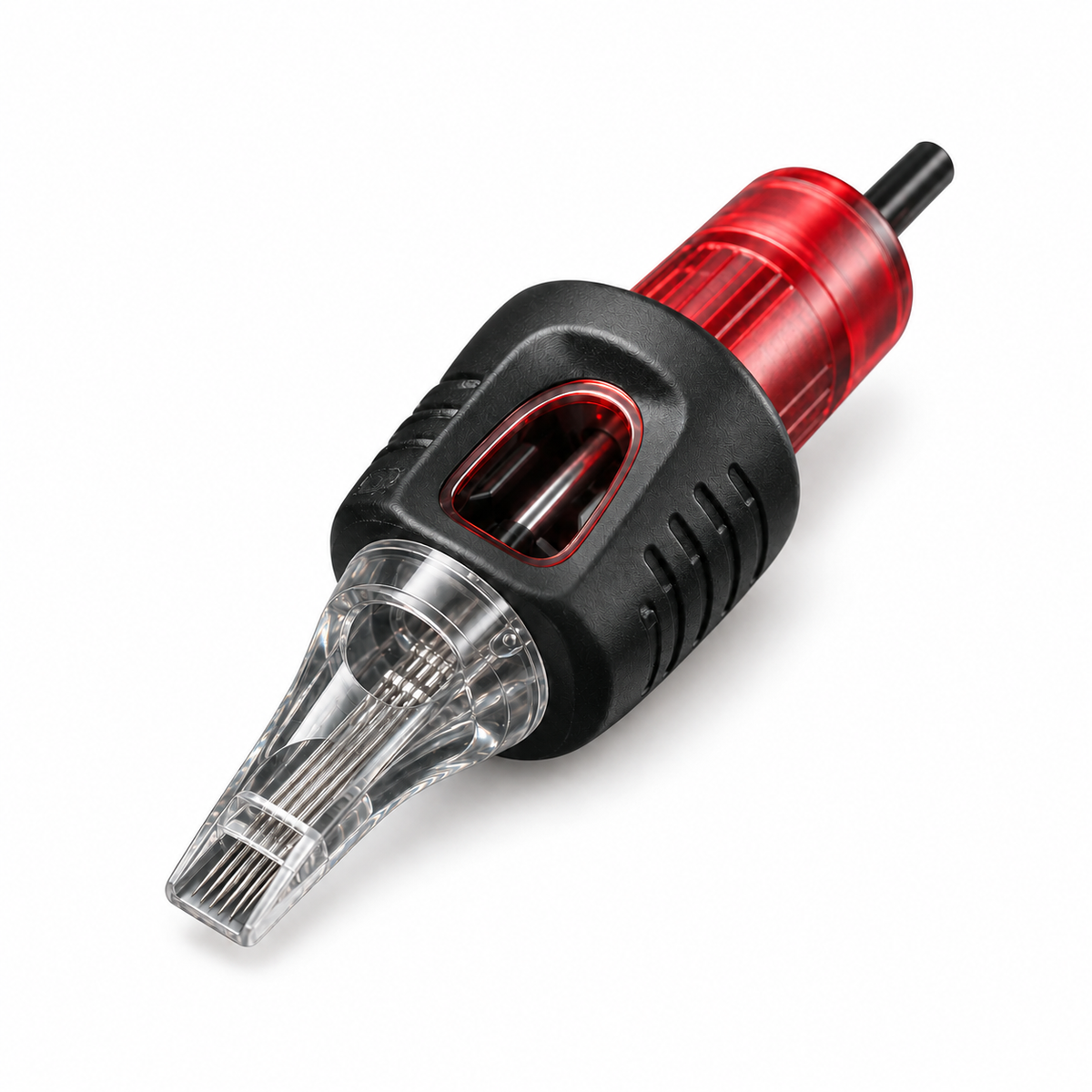 Red and black tattoo needle cartridge on a white background