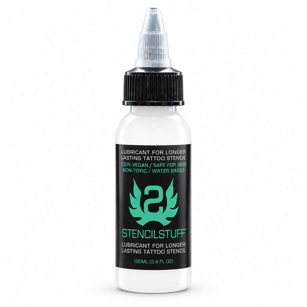 Tattoo stencil transfer gel bottle with precision cap on a white background