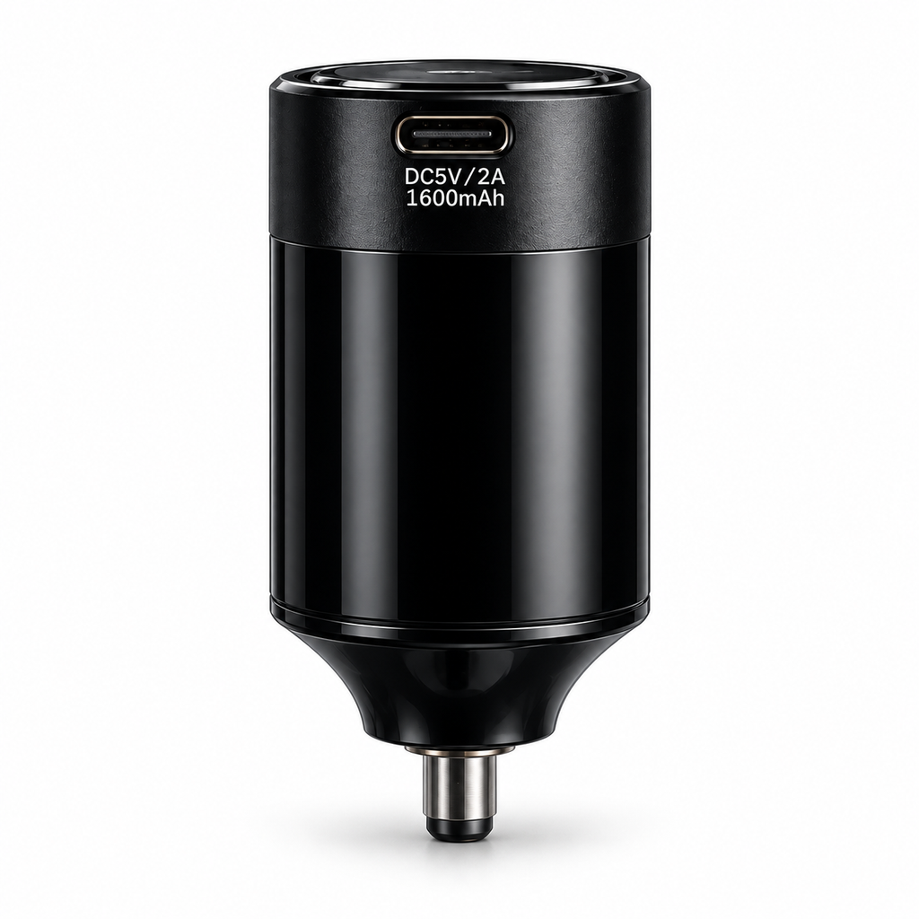 Black DC wireless tattoo power supply on a white background