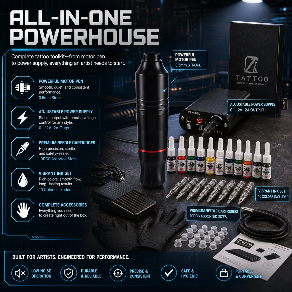 Complete Portable Motor Tattoo Pen Kit – All-in-One Set for Beginners