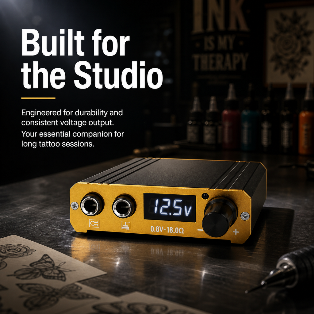 Professional regulated power supply for tattoos, featuring a digital display and adjustable voltage; compatible with tattoo pens.
