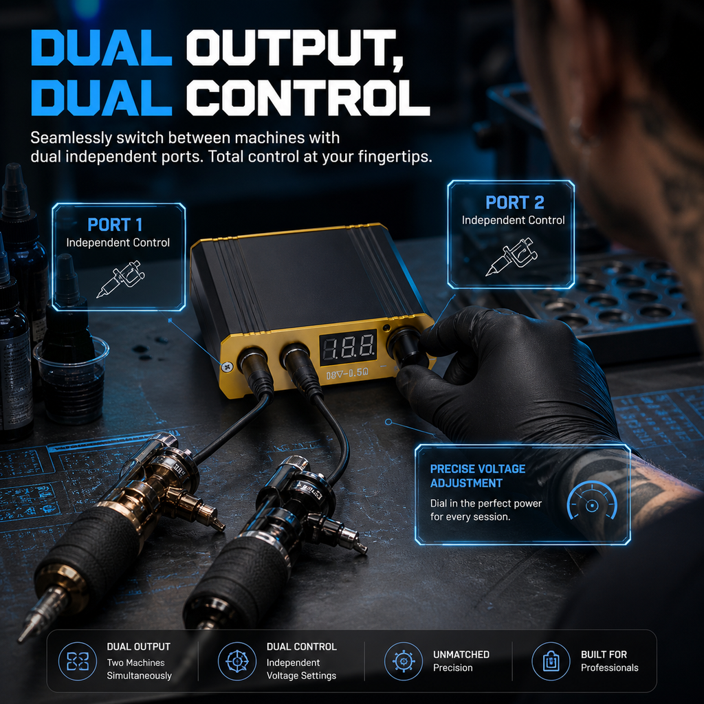 Professional regulated power supply for tattoos, featuring a digital display and adjustable voltage; compatible with tattoo pens.