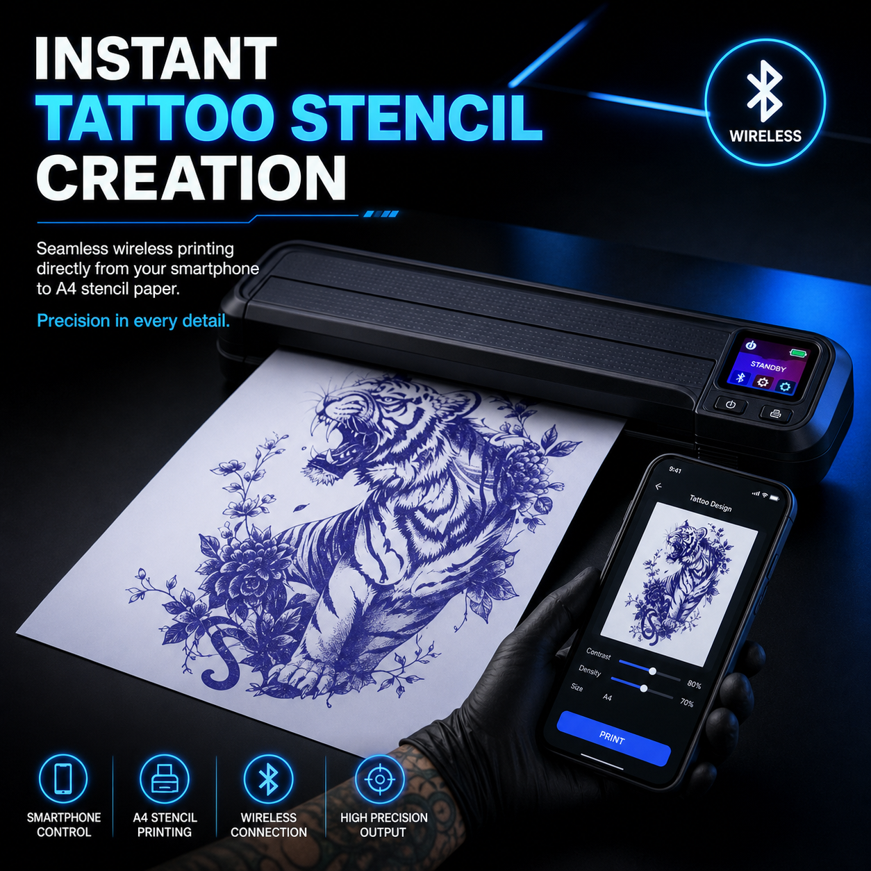 Bluetooth Tattoo Stencil Printer with Color Screen (A4 Thermal) – Compatible with Smartphones and PCs