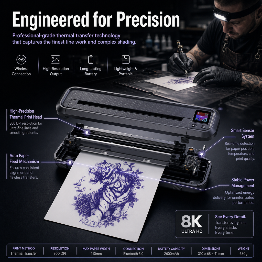 Bluetooth Tattoo Stencil Printer with Color Screen (A4 Thermal) – Compatible with Smartphones and PCs