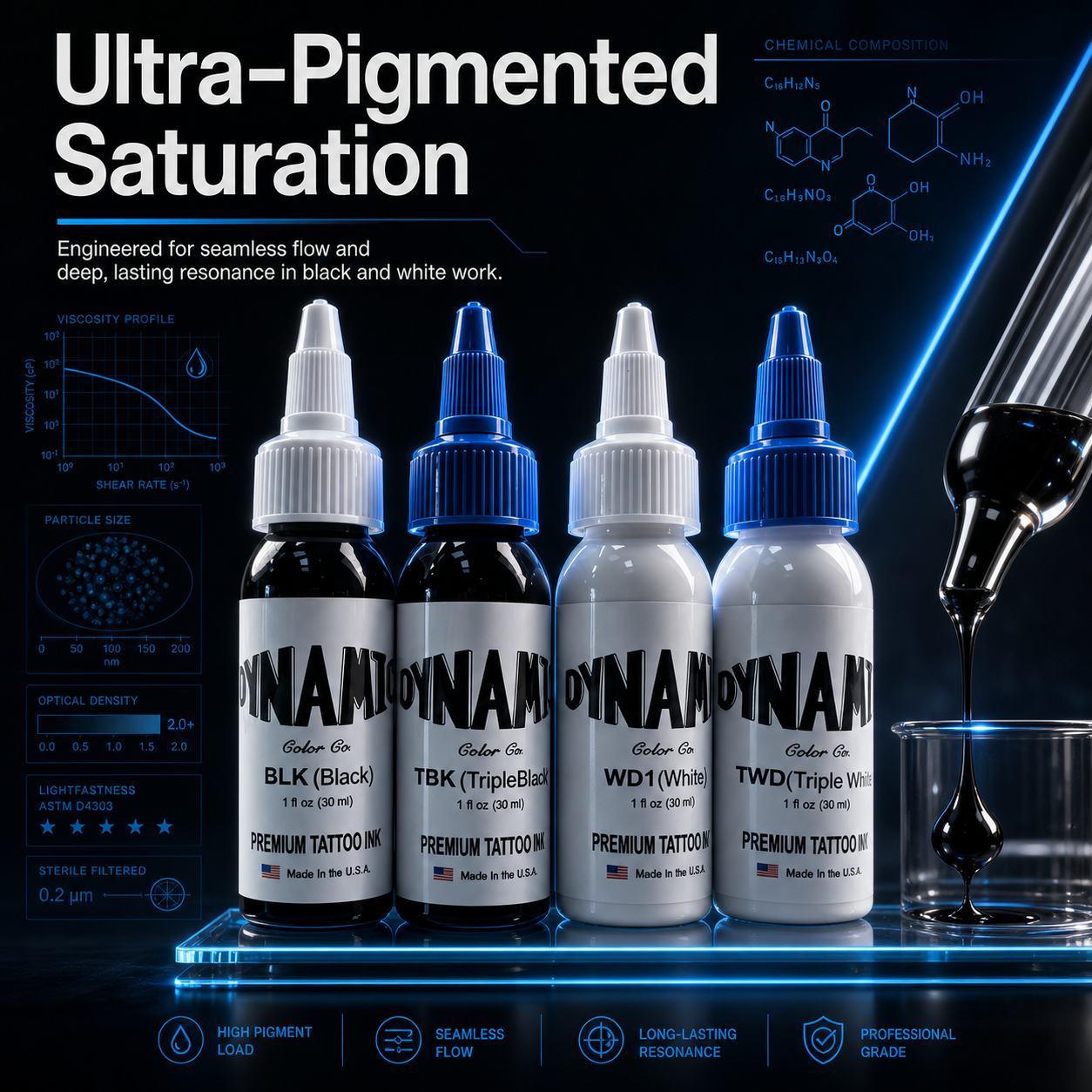 30ml Tattoo Ink Set (4-Bottle Pack: Black & White) – For Lining, Shading, and Highlighting