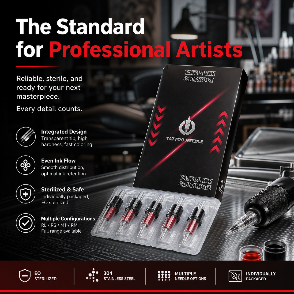 Professional all-in-one tattoo cartridge needles featuring 304 stainless steel needles; disposable needle cartridges designed for motor-driven tattoo machines.
