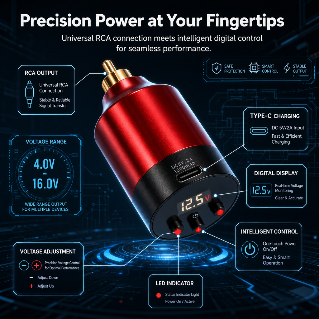 Mini Wireless Tattoo Power Supply (RCA) – LCD Digital Display, Type-C Charging, Portable Power Bank for Tattoo Machines