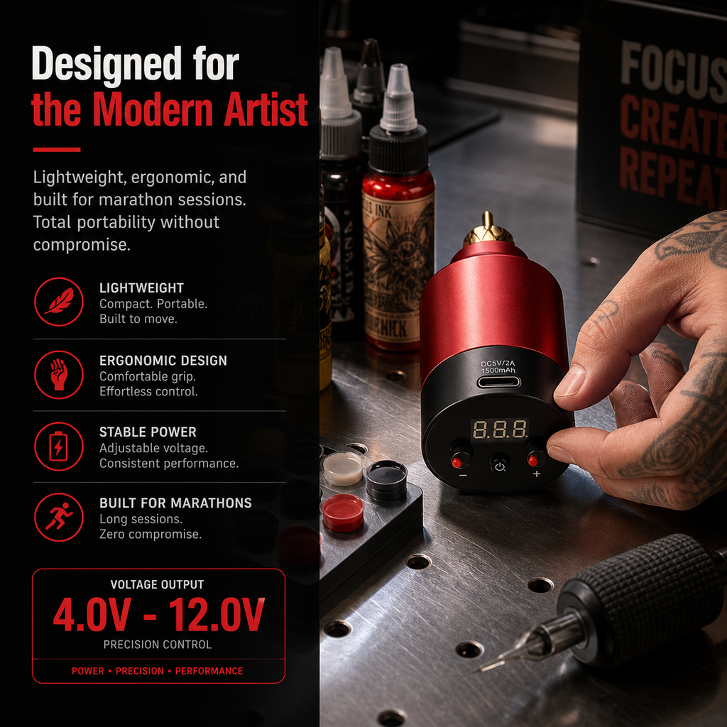 Mini Wireless Tattoo Power Supply (RCA) – LCD Digital Display, Type-C Charging, Portable Power Bank for Tattoo Machines