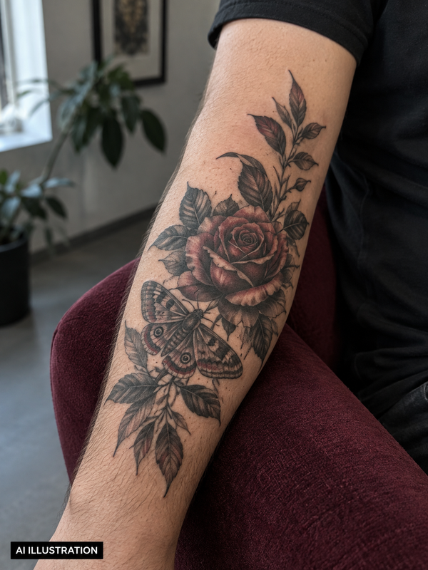 AI illustration of a rose and moth tattoo